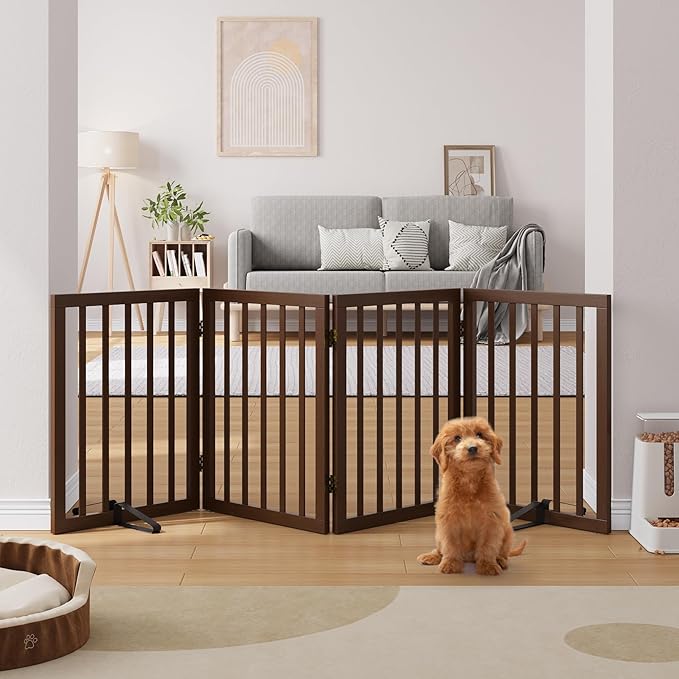 Freestanding Bamboo Wood Dog Gate Indoor, 4-Panel Pet Gates with 2 Stands and 360° Hinge for Doorways and Stairs, Puppy Gate for The House, Fully Assembled Safety Fence 74" W x 24" H - Black Walnut