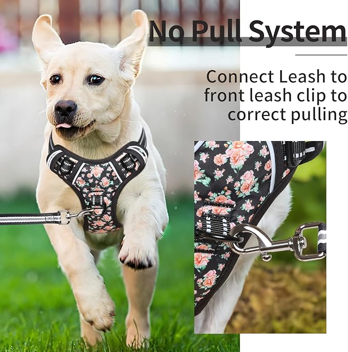 HEELE Dog Harness, No Pull Adjustable Padded Reflective Harness for Small Medium Large Dogs with Handle for Walking Training, Flower-Black, M