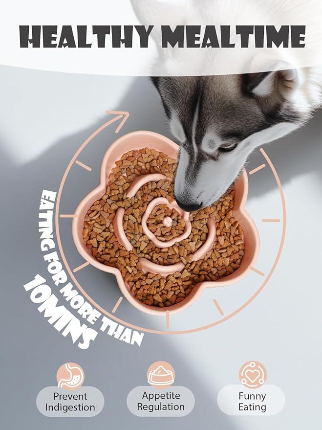 Ceramic Slow Feeder Dog Bowl, Anti-Choking Slow Food Bowls, 8" 11.3oz Slow Feeder for Medium, Large Breeds, Plum Puzzle Design, Non-Slip Silicone, Dishwasher and Microwave Safe, Pink