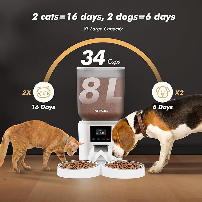 Automatic Cat Feeder for 2 Cats - 8L/34 Cups Large Capacity Auto Food Dispenser with LCD Screen, 2 Food Trays, Timed Cat Feeder, Up to 50 Portions 6 Meals Per Day, Keep Fresh