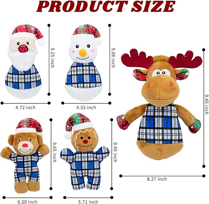 5pack Christmas Stuffed Plush Dog Interactive Dog Chew Toys for Small & Medium Dogs Durable Cute Animal Shape Squeaky for Puppy