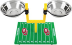 NCAA Oklahoma Sooners Goalpost Football Field Dog Feeder – Adjustable Elevated Dog Bowls with Stand, 2 Stainless Steel Bowls, Non-Slip Rubber Feet, Raised Pet Feeder for Large & Small Dogs