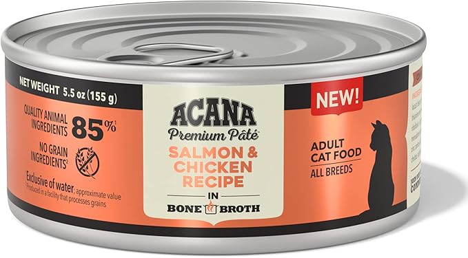 ACANA Premium Pate Wet Cat Food in Bone Broth Salmon + Chicken Recipe 5.5oz Cans (12 count)