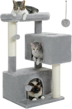 32" Cat Tree Tower for Indoor Cats - 2 Cozy Condos, Multi-Level Cat Scratching Posts with Sisal, Soft Padded Perch, 2 Dangling Toys, Light Grey
