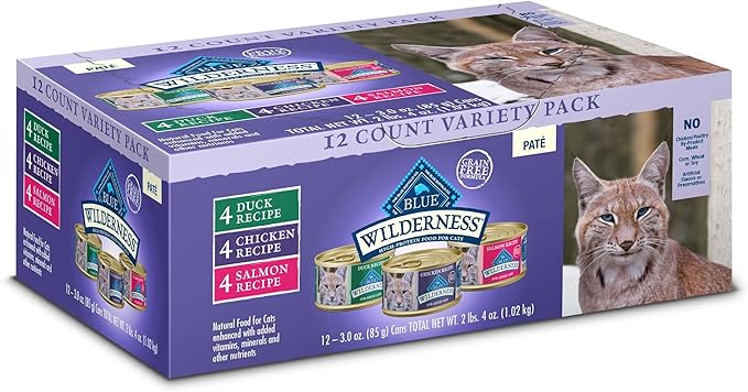 Blue Buffalo Wilderness High Protein, Natural Adult Pate Wet Cat Food Variety Pack, Chicken, Salmon, Duck 3-oz Cans (12 Count- 4 of Each Flavor)