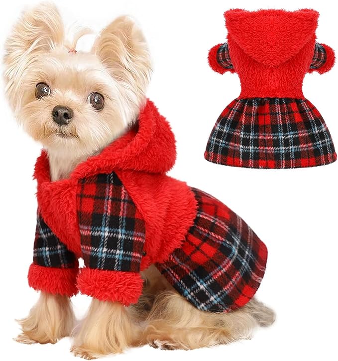 Dog Hoodie Dog Christmas Sweater Puppy Clothes for Small Dogs Boy Girl Pet Hoodies for Dogs Cold Weather Doggie Coats Fall Doggy Sweatshirt for Chihuahua Yorkie Cat Sweater Costumes, Plaid Red, S