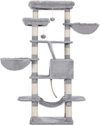 Heybly Cat Tree, 68 inch Multi-Level Cat Tower for Indoor Cats, 2 Widened Plush Perches Cat Condo with Scratching Board and Big Caves, Light Gray HCT025W