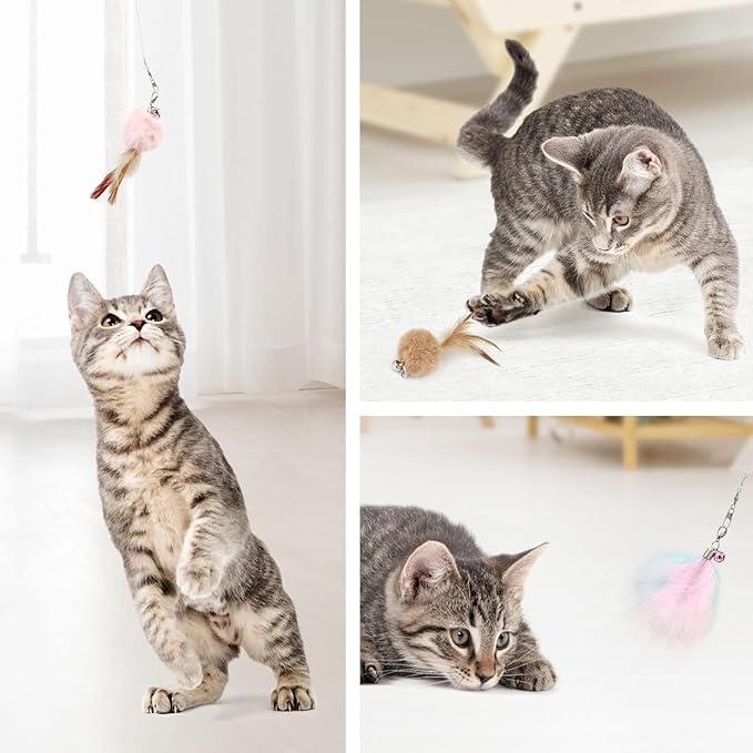 SONGWAY Interactive Cat Feather Toys - 7 PCS Cat Toys Set for Indoor Cats, Retractable Wand with Feather Tail Toy Refills, Kitten Toys Gift, Pink