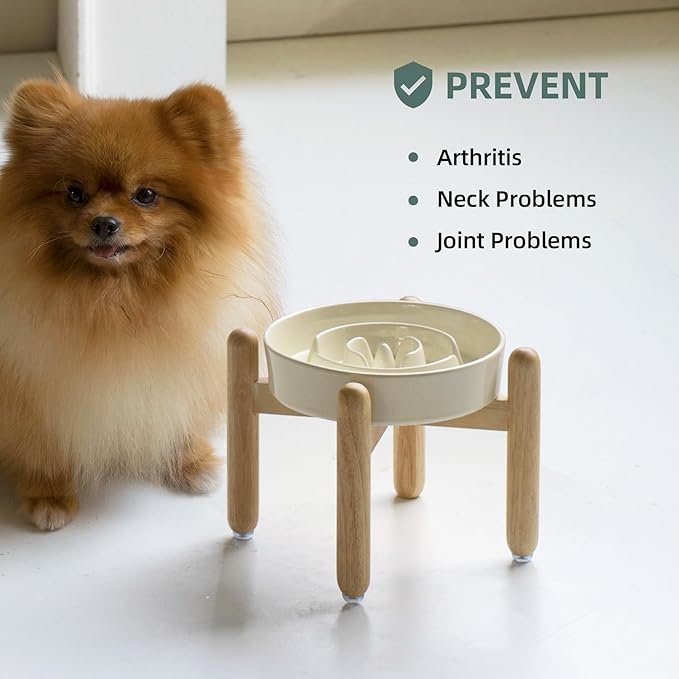 7.3inch Ceramic Raised Slow Feeder Dog Bowl Set, Elevated Wooden Stand for Medium and Small Dog, Puzzle Slow Dish, Anti-Gulping(Beige, Single Bowl+ Stand)