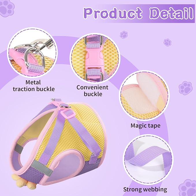 Cat Harness and Leash Set for Walking Escape Proof, Adjustable Kitten Harness Breathable Mesh with Reflective Strips Harness with Flower for Kitty Puppy Bunny Purple S