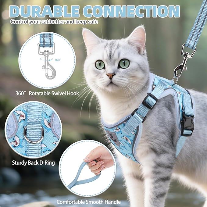 PUPTECK Cat Harness and Leash Set Escape Proof Reflective Cat Walking Harness Adjustable Soft Breathable Mesh Vest for Small Pets, Blue Sharks, S