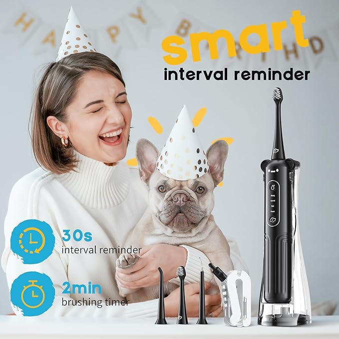 Puppy Tooth Brushing Kit for Dog Teeth Cleaning, 3-in-1 Dog Toothbrush Kit, Electric Toothbrush with Water Flosser, IPX7, 1100mAh Battery(Black)