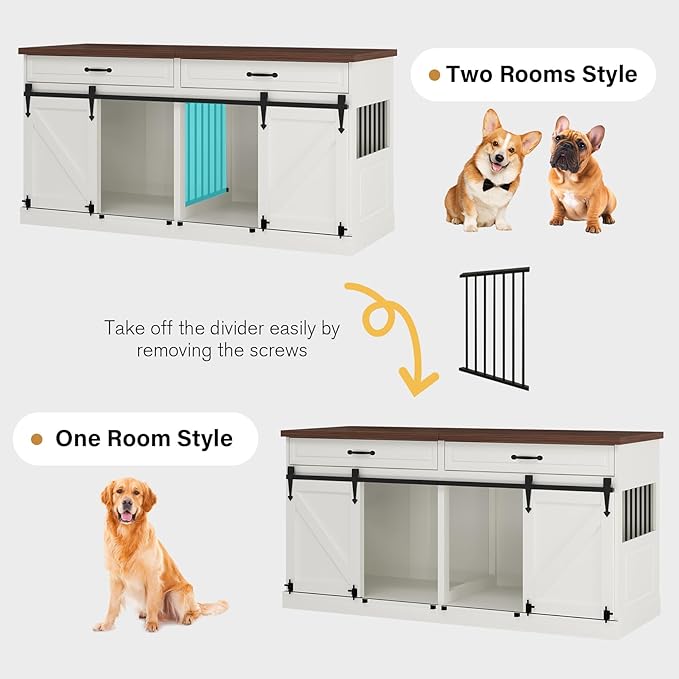 Large Dog Crate Furniture - Wooden Indoor Dog Kennel Furniture for 2 Dogs with Sliding Barn Door and Removable Divider, Heavy Duty Dog Crate Table, 63" L x 23.6" W x 31.5" H, White