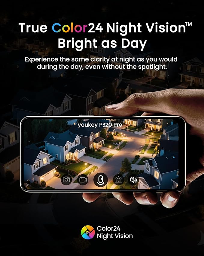 youkey 4K Wired Security Camera Outdoor, F1.0 Color24 Night Vision, Plug-in Cameras for Home Security Outside, 24/7 Continuous Recording, 130°FOV, 2.4/5GHz WiFi 6, Bluetooth Pairing, No Monthly Fees