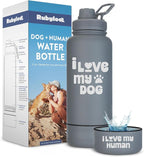 Dog Water Bottle for Dog Lovers - 32 oz Stainless Steel Double Wall Insulated Water Bottle with 8 oz Detachable Bowl on Bottom- Ideal Doggy Lover Gift for Hiking, Walking, Travel - “Love Smoky Grey