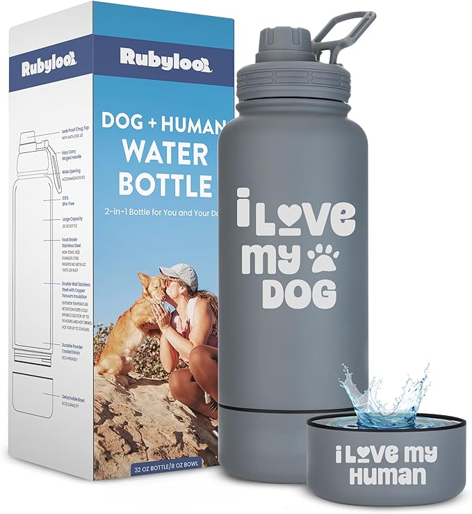 Dog Water Bottle for Dog Lovers - 32 oz Stainless Steel Double Wall Insulated Water Bottle with 8 oz Detachable Bowl on Bottom- Ideal Doggy Lover Gift for Hiking, Walking, Travel - “Love Smoky Grey