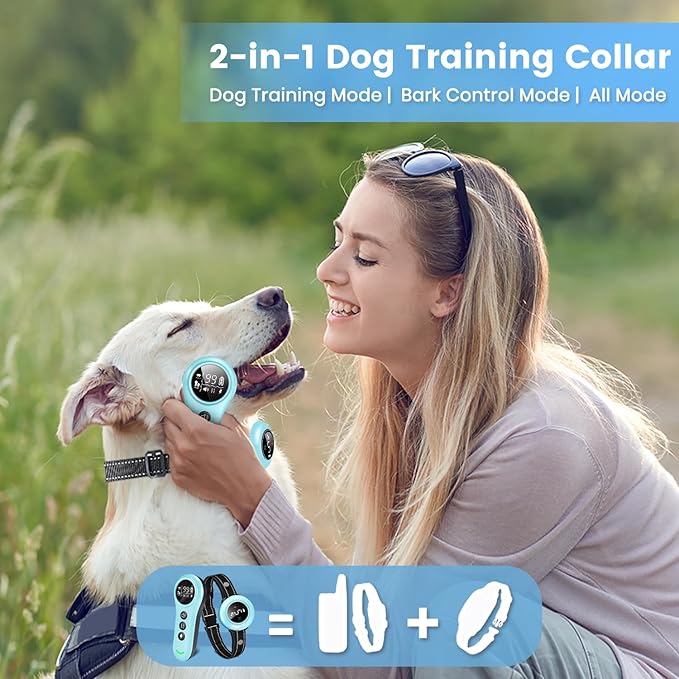 2-in-1 Shock Collar for Dogs & Dog Training Collar with Remote Control 3300FT, Dog Bark Collar with IP67 Waterproof 5 Level Sensitivity, Rechargeable E Collar for Small Medium Large Dogs - Blue