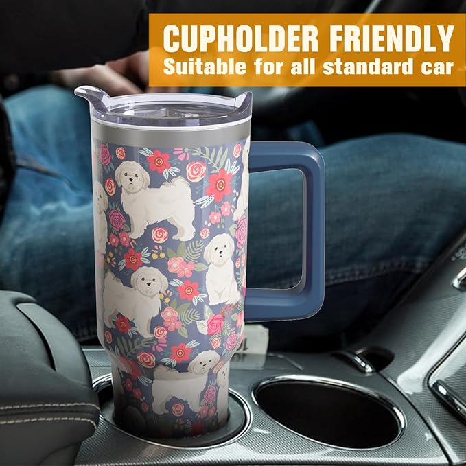 Shih Tzu Gifts for Women Dog Lovers 40 oz Floral Shih Tzu Tumblers with Handle and Straw, Stainless Steel Vacuum Insulated Travel Coffee Mug Cup Water Bottle