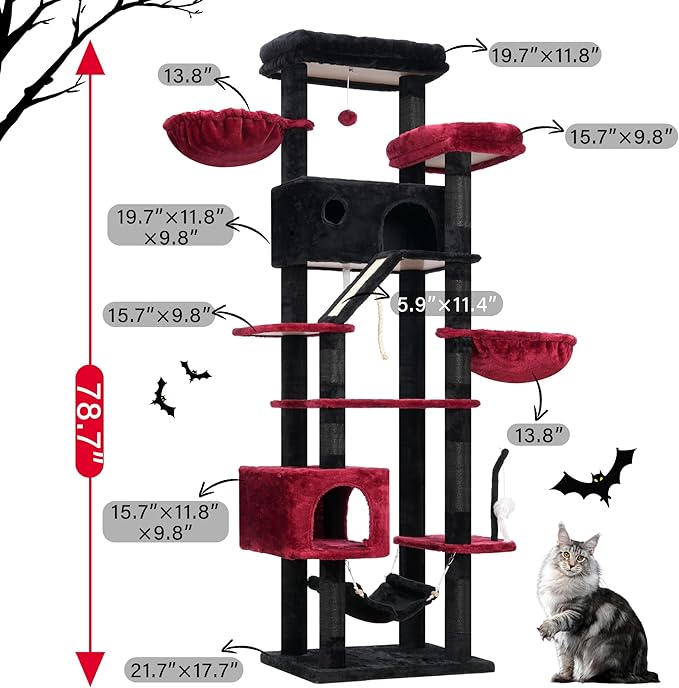 Gothic Cat Tree for Large Cats, 78.7"(200cm) Tall Cat Tower for Indoor Cats Multiple Cats with Large Top Perch, Cat Condo, Cat Hammcok, Cat Scratching Post, Black and Red GCT031BR