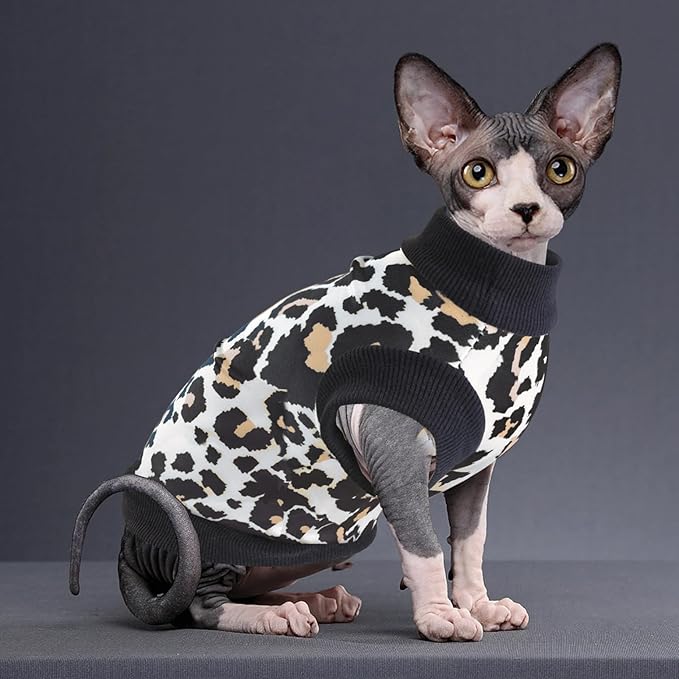 Idepet Cat Clothes Kitten Sweater Soft Kitten Shirt Cute Leopard Print Kitty Vest Pullover Pajamas Jumpsuit Cotton Apparel for Hairless Cats &Puppy (White,XS)