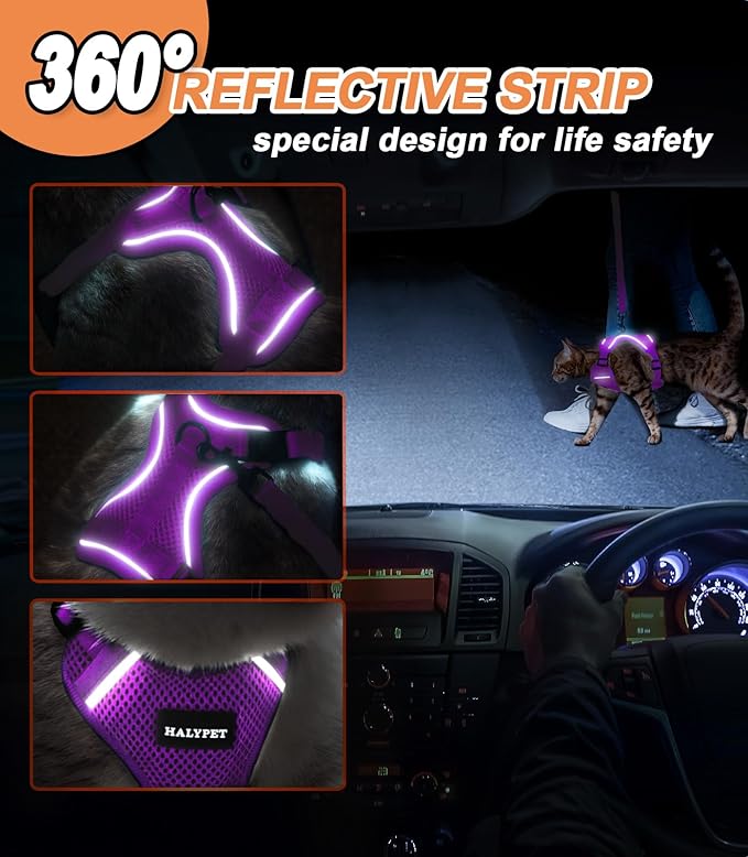 Halypet Cat Harness and Leash Set [ MAX Safety Third Generation ] Escape Proof Soft Adjustable Cat Leash Breathable Comfortable Vest Easy to Wear Kitten Harness for Outdoor Walking