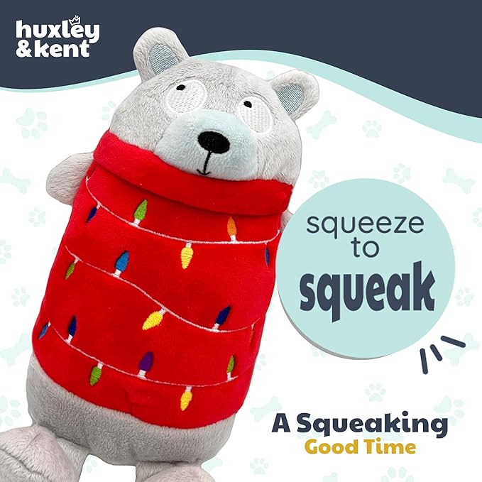 Huxley & Kent Funny Dog Toy w/Squeaker – Holiday Power Plush Squeaky Dog Toys for Small, Medium & Large Dogs – Soft Stuffed Animal for Indoor Play & Fetch - Deck The Bear, Small