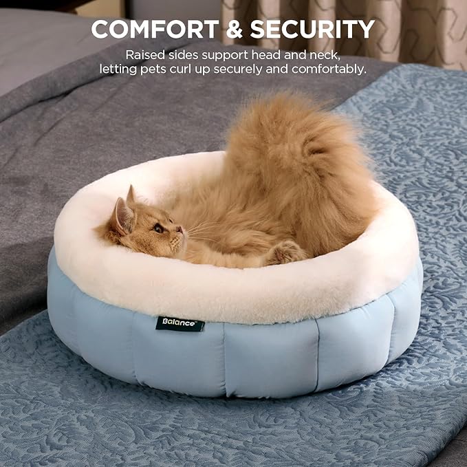 BALANCE Round Cat Beds for Indoor Cats - Donut Dog Bed for Medium Dogs, Washable Medium Pet Bed, Round Fluffy Plush Faux Fur Cat Bed with Anti-Slip Bottom