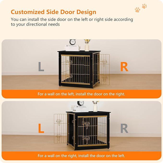 DWANTON Dog Crate Furniture with Cushion, Wooden Kennel Table with Double Doors, Indoor Dog House, Small/Medium/Large Size, 27.2" L, Black+Gold