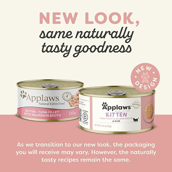 Applaws Natural Wet Kitten Food, Limited Ingredient, Grain-Free, Protein with No Artificial Additives, Tuna Fillet & Salmon in Broth (24 x 2.47oz Cans)