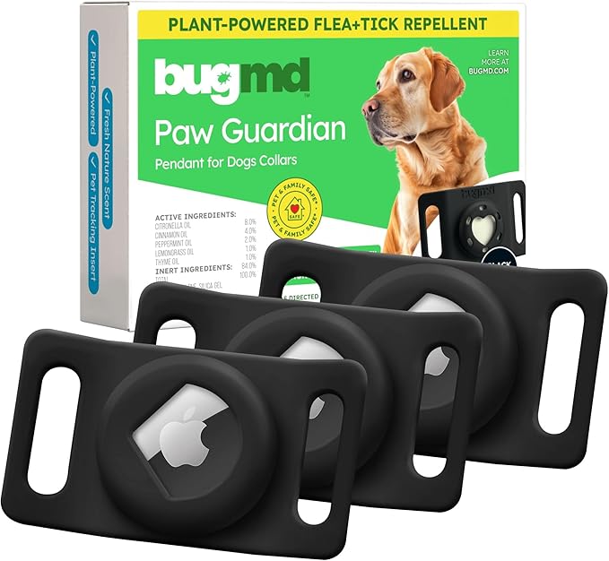 BugMD Paw Guardian Flea & Tick Pendant (3-Pack) with AirTag Holder – Plant-Based Flea & Tick Prevention for Dogs – Pet Collar Tag & GPS Tracker Holder for Dogs – Black