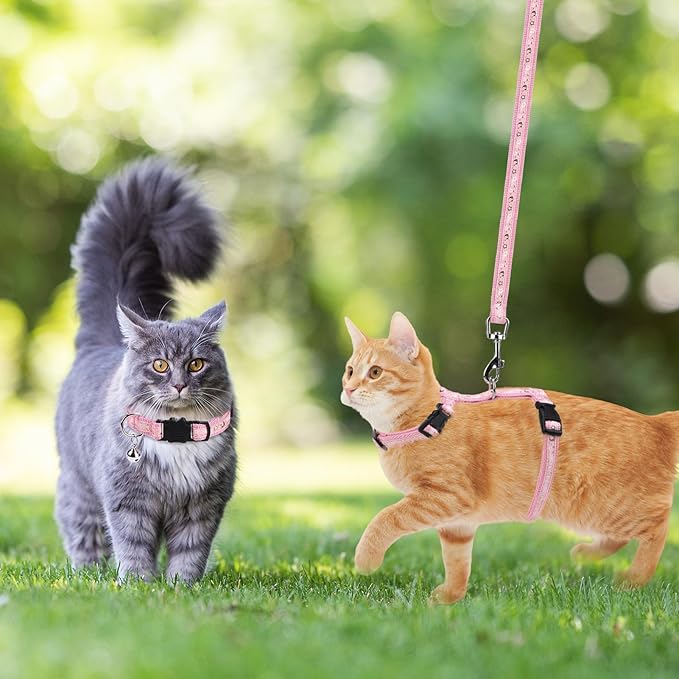 PAWCHIE Cat Harness with Leash and Collar Set - Escape Proof Adjustable H-shped Cat Harness with Star and Moon Pattern Glow in The Dark for Kitty Outdoor Walking, Pink M