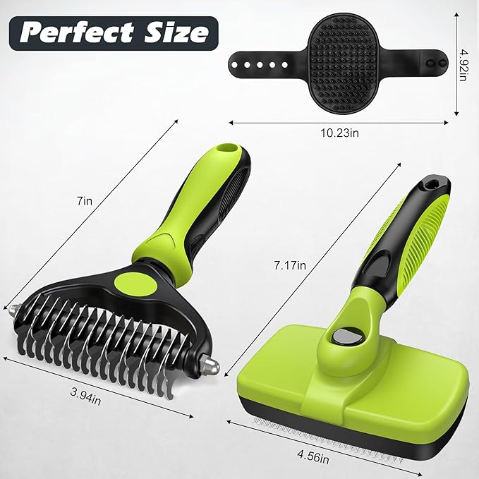3PCS Self Cleaning Slicker Brush & Pet Grooming Rake & Bath Brush for Dogs,Cats and Horses | Double-Sided Dematting Comb & Skin Friendly Deshedding Grooming Tool | Premium Pet Supplies(Green Black)