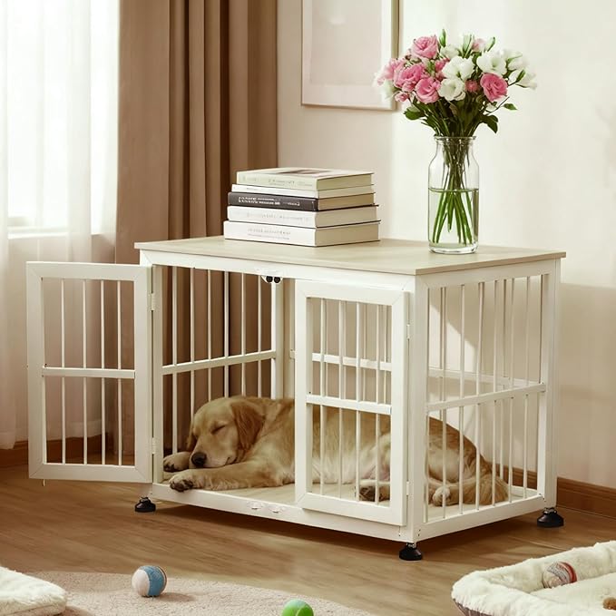 40 Inch Dog Crate Furniture for Large Medium Dogs, Wooden Heavy Duty Dog Kennel with Double Doors, Decorative Pet House Dog Cage Side End Table Indoor, Pet Cage Dog House, Beige