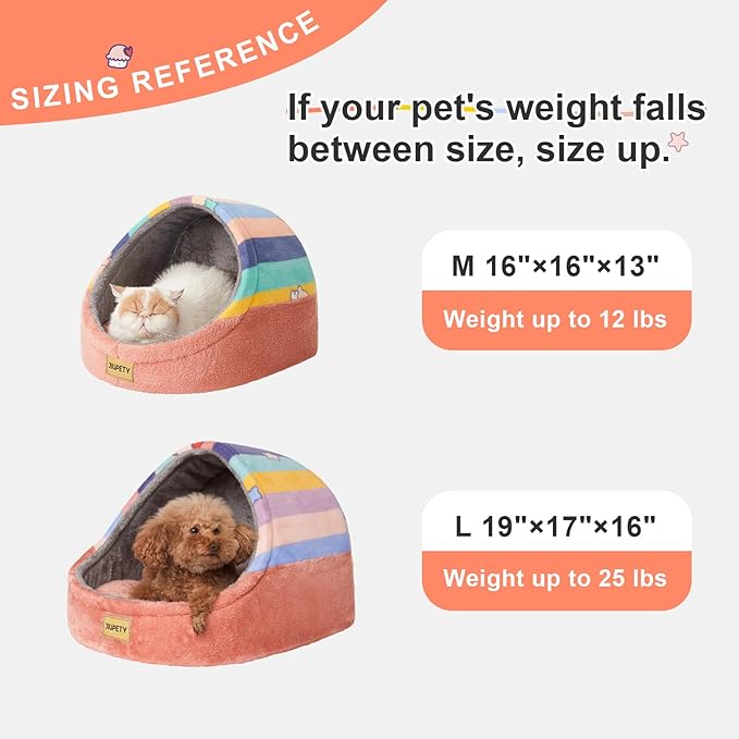 Jiupety Cute Cat Beds for Indoor Cats, Cat Cave Bed and Kitten Bed, Hideway Cat House and Cat Tent with Anti-Slip Bottom, Washable Removable Cushion, M(16"x16"x13"), Rainbow.