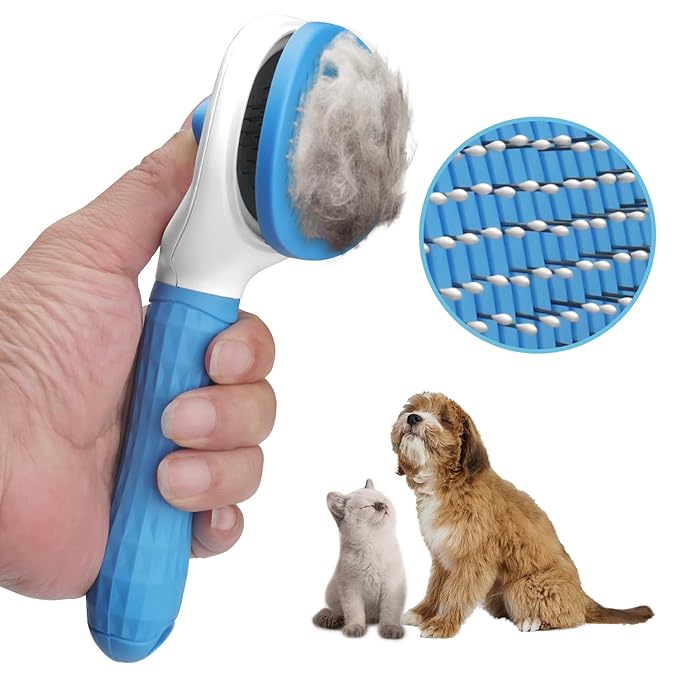 Self Cleaning Cat Brush,Slicker Dog Brush for Shedding,Skin Friendly Cat Brushes for Indoor Cats Massage Grooming,Dog Deshedding Brush for Long&Short Haired Dogs Loose Fur Hair Removal Blue