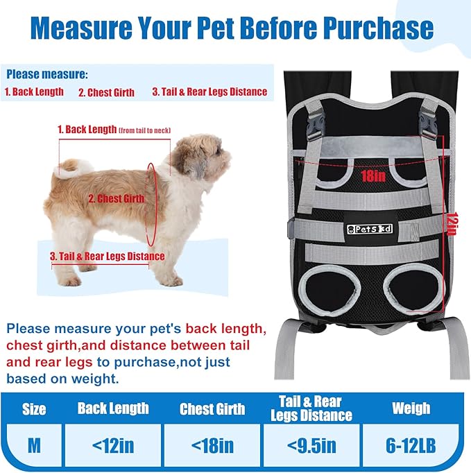 Petskd Dog Front Carrier Backpack for Small Pet with Adjustable Cross Shoulder Straps, Hands Free Puppy Legs Out Chest Carriers for Hiking, Cycling, Vet (Black, M)