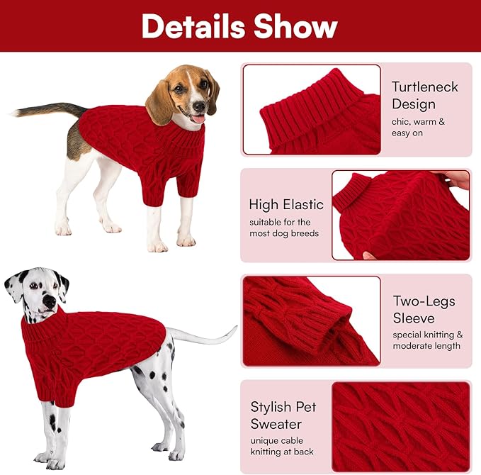 Queenmore Large Dog Sweater,Dog Sweaters for Large Dogs Male Female,Thanksgiving Fall Knit Sweater for Dogs,Turtleneck Thick DogSweaters,Winter Knitwear Pet Clothes for Corgi,French Bulldog(Red,L)