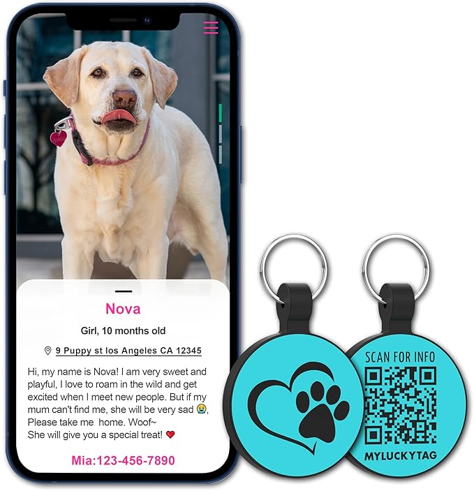 MYLUCKYTAG Silent Silicone QR Code Pet ID Tags - Online Profile - Scan QR for Instant Location Alert Email