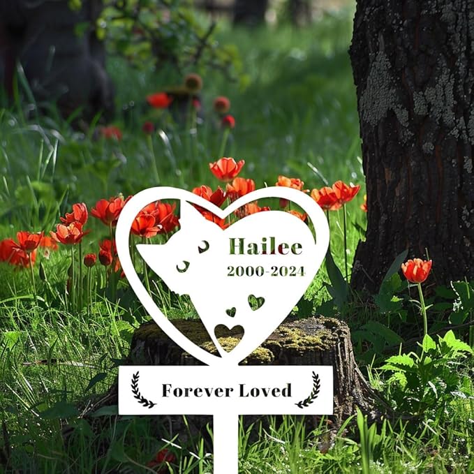 Personalized Cat Memorial Grave Marker Cross Stake, Custom Metal Engraved Sign, Heart Style