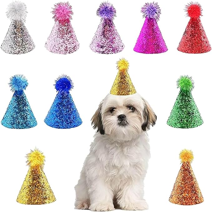 10 Pcs Dog Birthday Hat Set for Small Medium Dogs Cat Puppies, Mini Party Hat with Adjustable Headbands, Cute Pet Hat with Pompons for Birthday Christmas Party Decoration Accessories (Small 4 Inch)