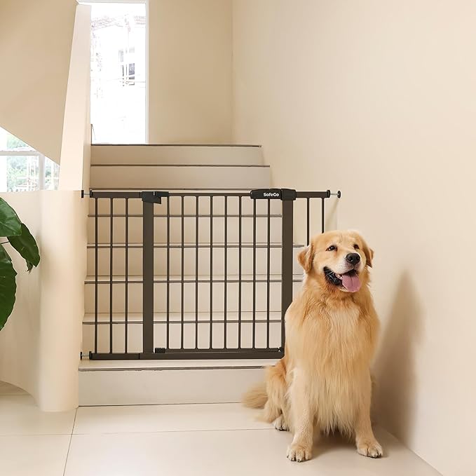 29"-57" Baby and Pet Safety Gate, 30" Tall Metal Walk-Thru Gate for Doorways & Stairs, Easy One-Hand Open, Dual Lock, Extensions & Wall Mounts Included (Brown, 29"-46" W x 30.5“H)