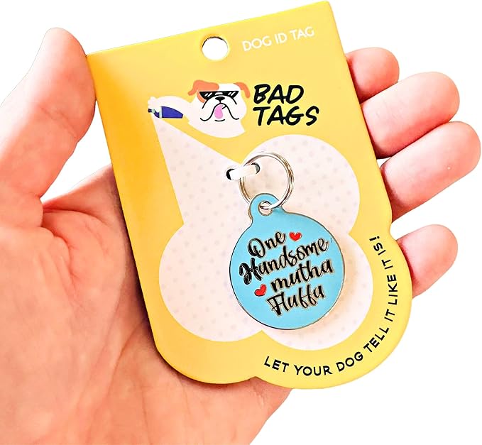 Personalized QR Code Dog Tags - Choose from 25+ Tag Designs - QR Code Links to Your Profile - Unique, Cute, Funny, Sassy Pet ID Tag (One Handsome Mutha Fluffa, Large (1.25 inch))
