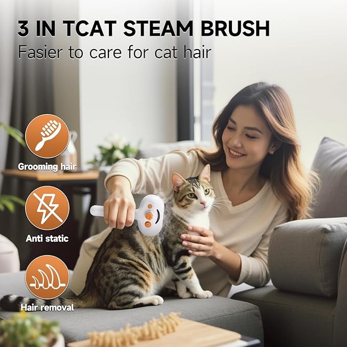 3-in-1 Pet Steam Brush Set for Dogs & Cats, Grooming Comb with Spray, Defur Tool, Water-Assisted Hair Removal, Gentle Cat & Dog Spritz Brush, Multi-Purpose Steam Grooming