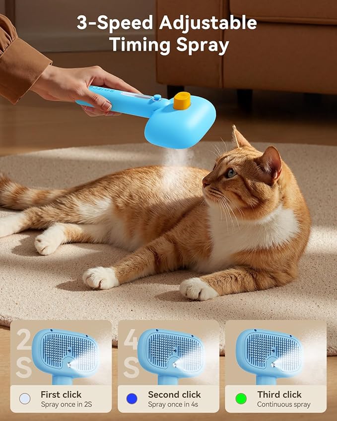 ROJECO 3-in-1 Pet Steam Brush for Cats&Dogs - Detangling Comb with Adjustable Mist, Handheld Deshedding Grooming Tool for Long/Short Hair, Massage Brush & Shedding Control Gift,Cordless (Blue)