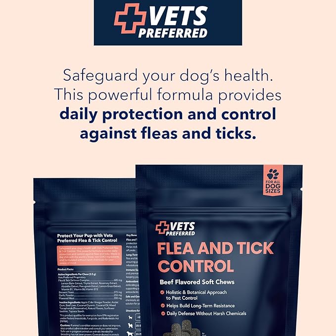 Vets Preferred Flea and Tick Prevention for Dogs Chewable - Daily Defense Without Harsh Chemicals - Immune Support & Antioxidant Protection - Beef Flavored - 90 Soft Chews
