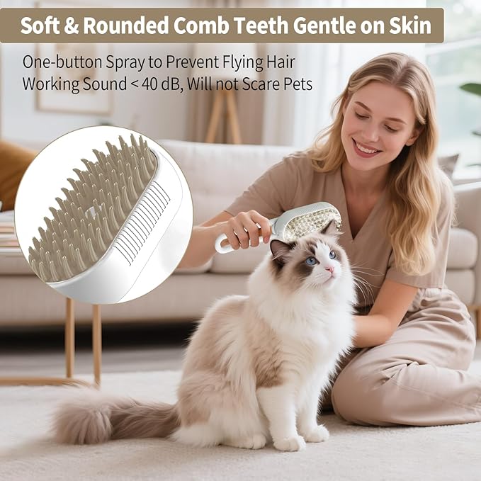 4 in 1 Cat Steam Brush for Shedding Dog Brush with Steam Pet Hair Cleaning Brush Comb for Cat Spray Pet Grooming Soft Silicone Brush for Long & Short Haired Pets (White)