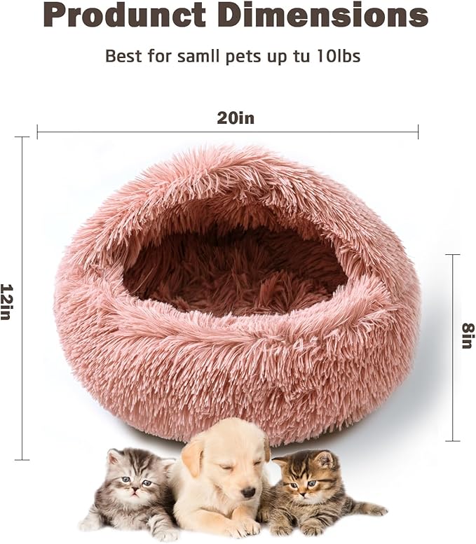 Cat Bed Calming Cat Beds,Indoor Washable Cat Bed，Anti-Slip Faux Fur Fluffy Cuddler Anxiety Cat Bed,Warming Cuddler Cushion Bed for Small Medium Dogs and Cats (Leather Pink, 20 * 20inch)