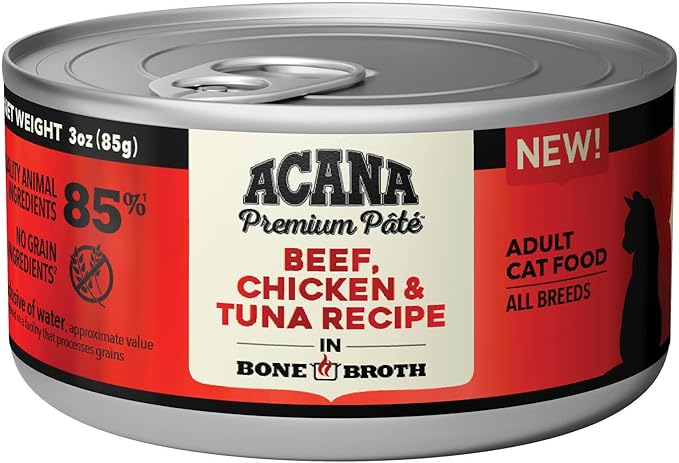 ACANA Premium Pate Wet Cat Food in Bone Broth Beef Chicken + Tuna Recipe 3oz Cans (24 count)