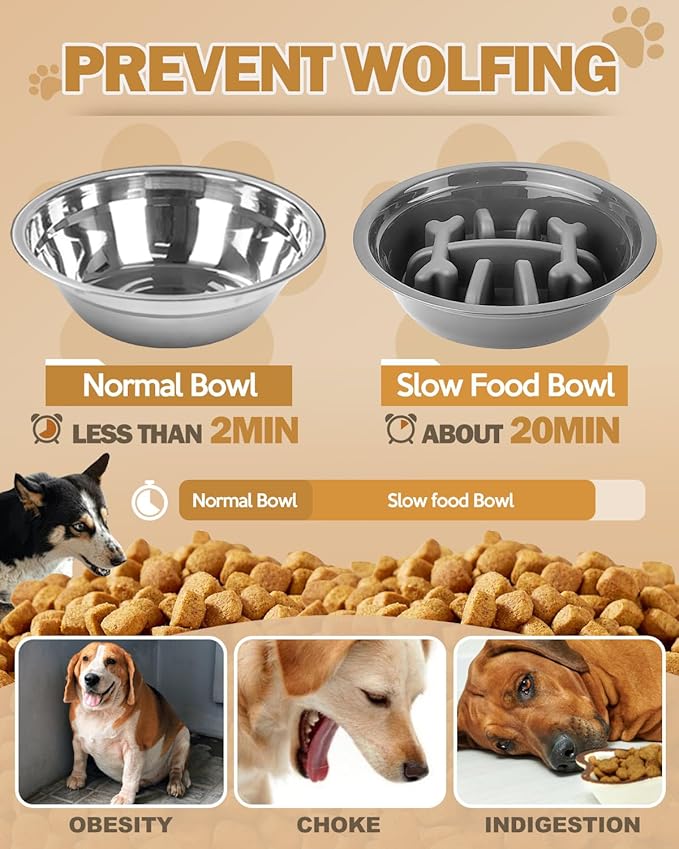 Elevated Dog Bowls, Dog Feeder with Stainless Steel Dishes & Slow Feeder Bowl, 5 Heights Adjustable Raised Stand for Medium Large, Food Dishes with Non-Slip Feet