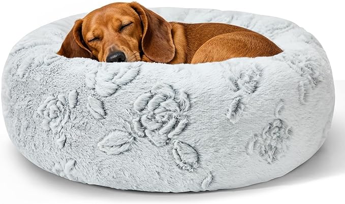Dog Calming Beds for Small Medium Large Dogs - Round Donut Washable Puppy Dog Bed, Anti-Slip Faux Fur Fluffy Donut Cuddle Anxiety Cat Pet Bed (32" Rose)